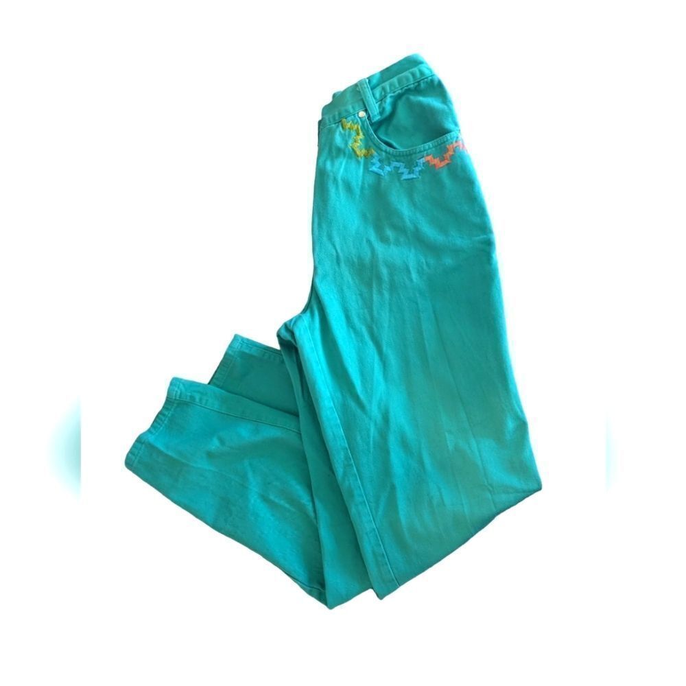 90s Vintage women's teal embroidered denim‎ jeans size 6